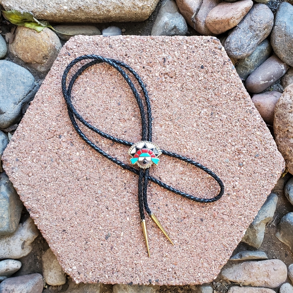 Boho Southwestern Bolo Tie Turquoise Coral Onyx Leather